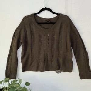 NWT Guess Olive Green Crop Sweater with Decorative Open Weave. Size SMALL